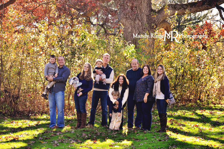 Fall extended family portraits // fall trees, leaves, standing under a large oak tree // Delnor Woods Park - St. Charles, IL // by Mandy Ringe Photography