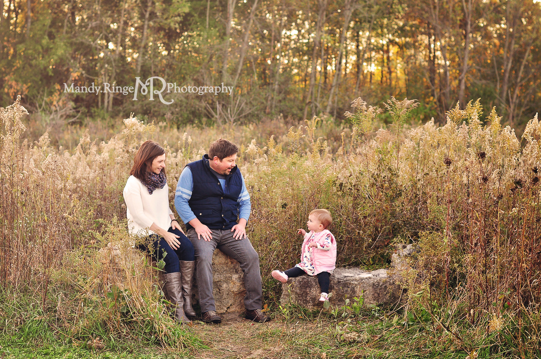 Fall family portraits // Prairie, goldenrod, evening light, sitting on rocks // Leroy Oakes Forest Preserve - St. Charles, IL // by Mandy Ringe Photography