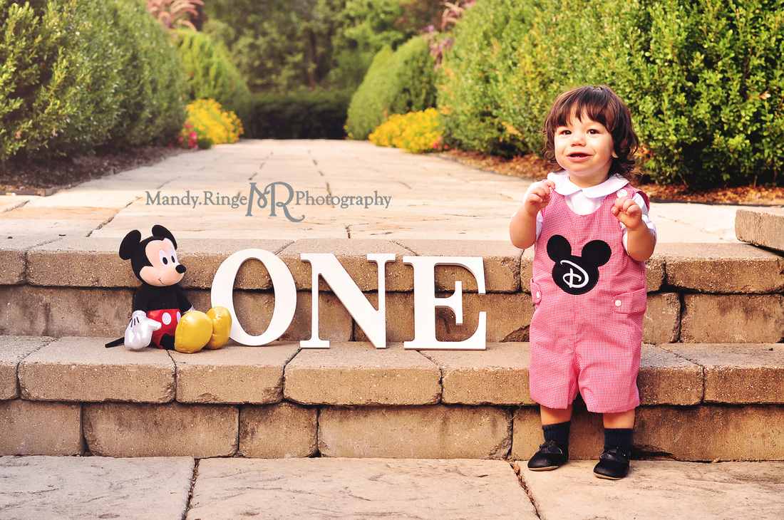 First birthday portraits // boy, Micky Mouse theme, garden, outdoors, 12 months // Hurley Gardens - Wheaton, IL // by Mandy Ringe Photography