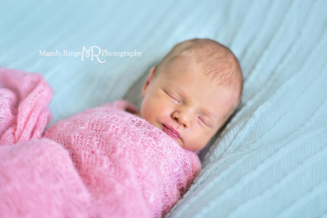 Newborn girl portraits // pink wrap, aqua, teal, mint blanket // client's home - St. Charles // by Mandy Ringe Photography