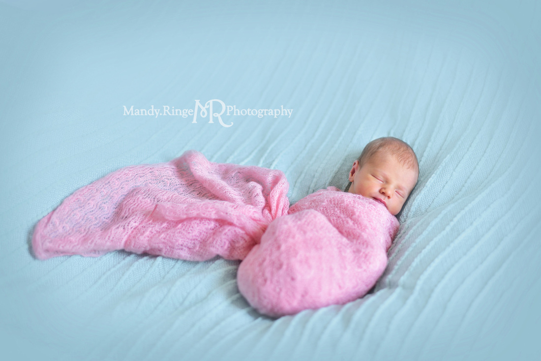 Newborn girl portraits // pink wrap, aqua, teal, mint blanket // client's home - Geneva, IL // by Mandy Ringe Photography