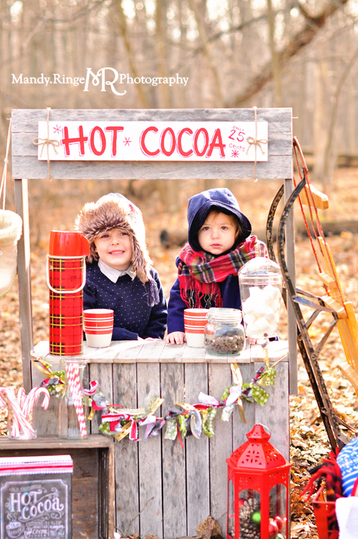 Hot cocoa stand styled mini session // wooden stand, Christmas tree, wreath, forest, woods, chairs, plaid thermos // Northbrook, IL // by Mandy Ringe Photography