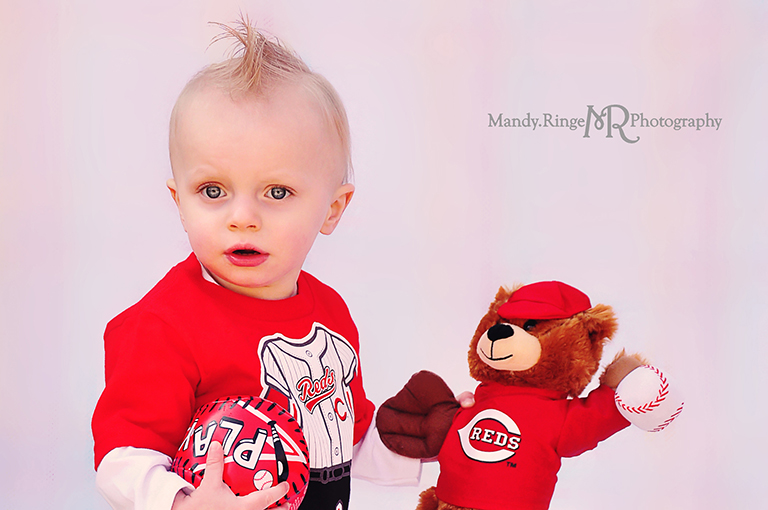 Toddler boy photo shoot // Cincinnati Reds baseball shirt and bear, sports  // Camden, OH // by Mandy Ringe Photography