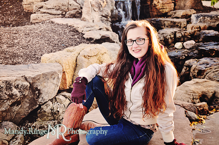 Adult woman portrait, posing in front of a small waterfall // Peck Farm Park // Geneva, IL // by Mandy Ringe Photography
