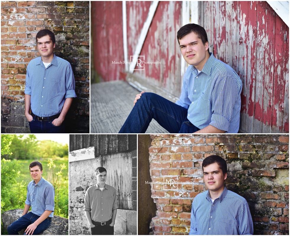 Senior portraits for guys // brick wall, shabby red barn door, large rock // Leroy Oakes - St. Charles, IL // by Mandy Ringe Photography