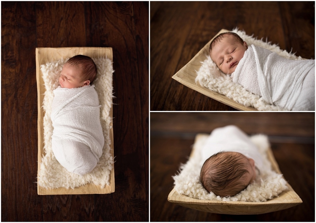 Newborn boy portraits // white wrap, white fur, rectangle wood bowl  // St Charles, IL // by Mandy Ringe Photography