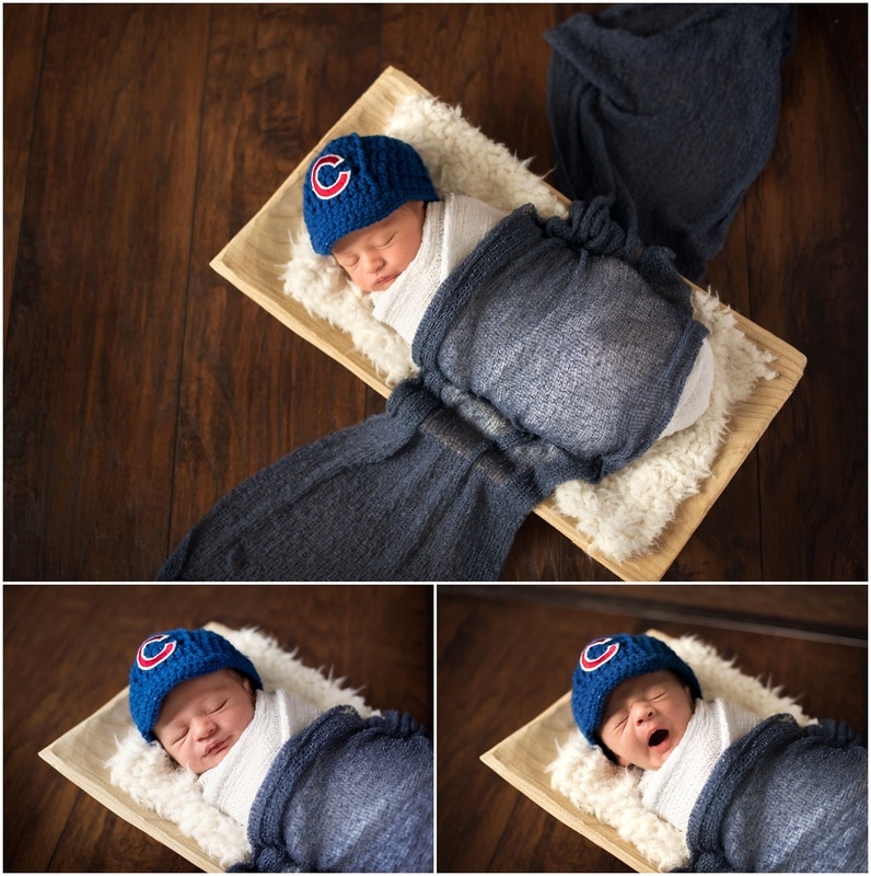Newborn boy portraits // navy wrap, white fur, rectangle wood bowl, crochet Chicago Cubs hat  // St Charles, IL // by Mandy Ringe Photography