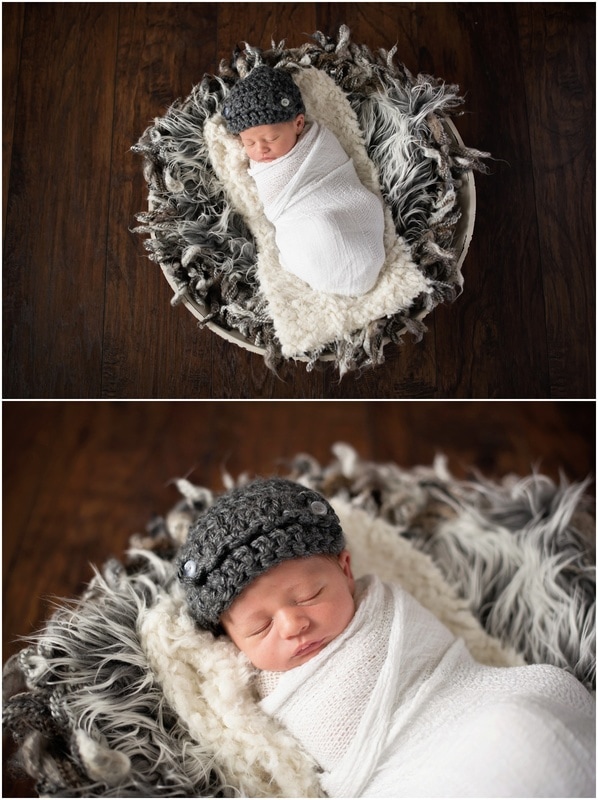 Newborn boy portraits // white wrap, white fur, gray fur, gray crochet hat, white bowl  // St Charles, IL // by Mandy Ringe Photography