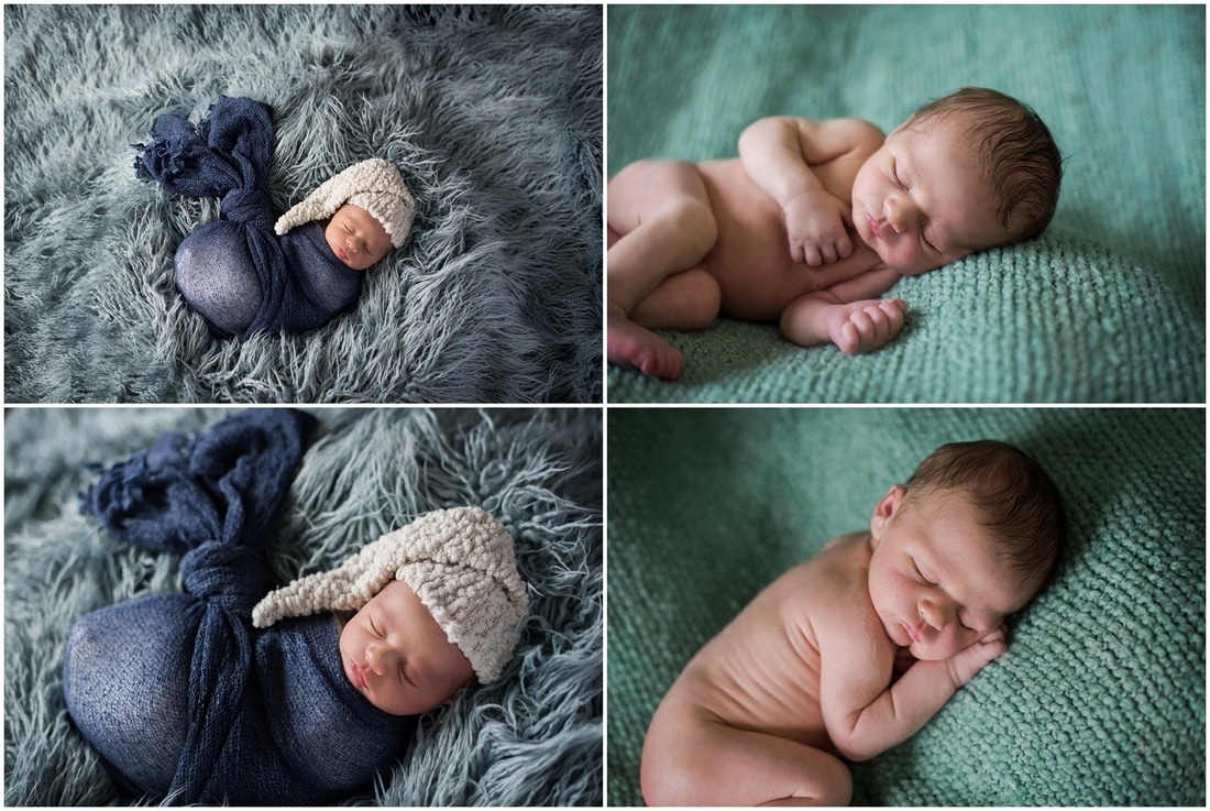 Newborn boy portraits // navy wrap, white nightcap, blue flokati, green posing blanket, nude pose  // St Charles, IL // by Mandy Ringe Photography