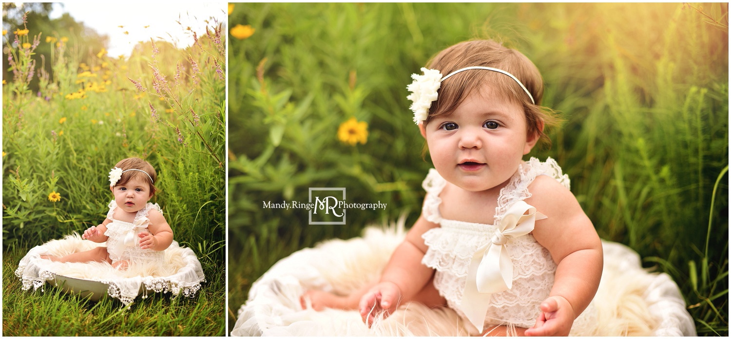 9 month old girl portraits // outdoors, wildflower field, large white bowl, lace layer, ivory ruffle romper // Wheeler Park - Geneva, IL // by Mandy Ringe Photography