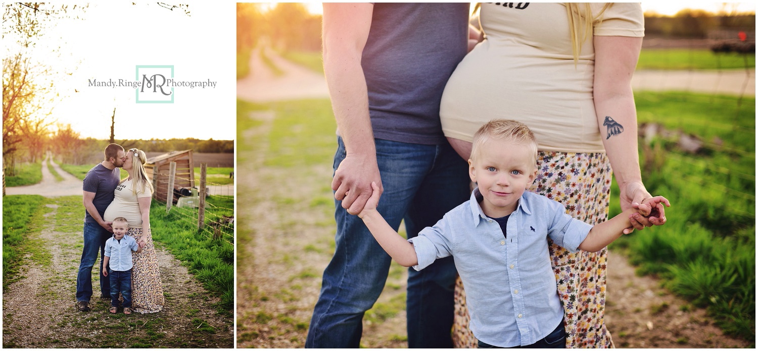 Family maternity portraits // outdoors, rustic, country road, dirt road, farm, soon to be 4, big brother, golden hour // St. Charles, IL // by Mandy Ringe Photography