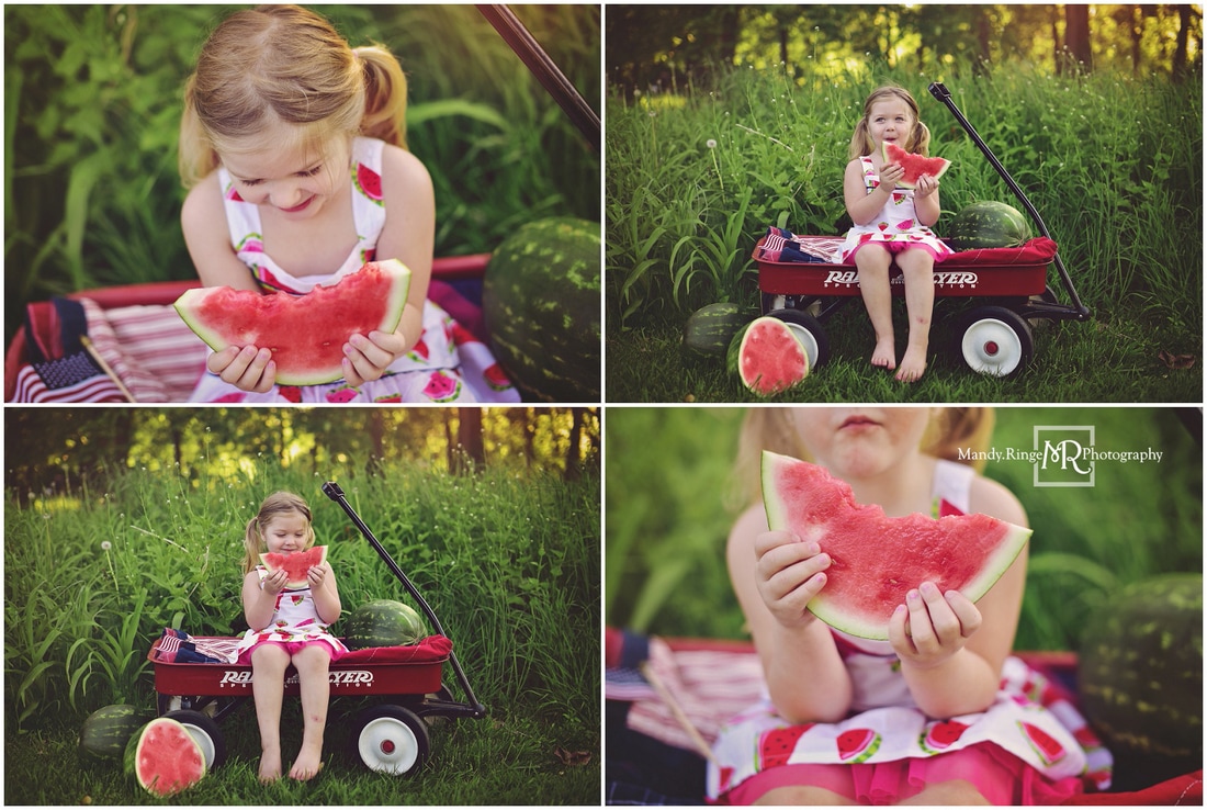 Watermelon Mini Session // Styled, picnic, fourth of july, 4th, summer, patriotic, flags, Radio Flyer wagon // St. Charles, IL // by Mandy Ringe Photography