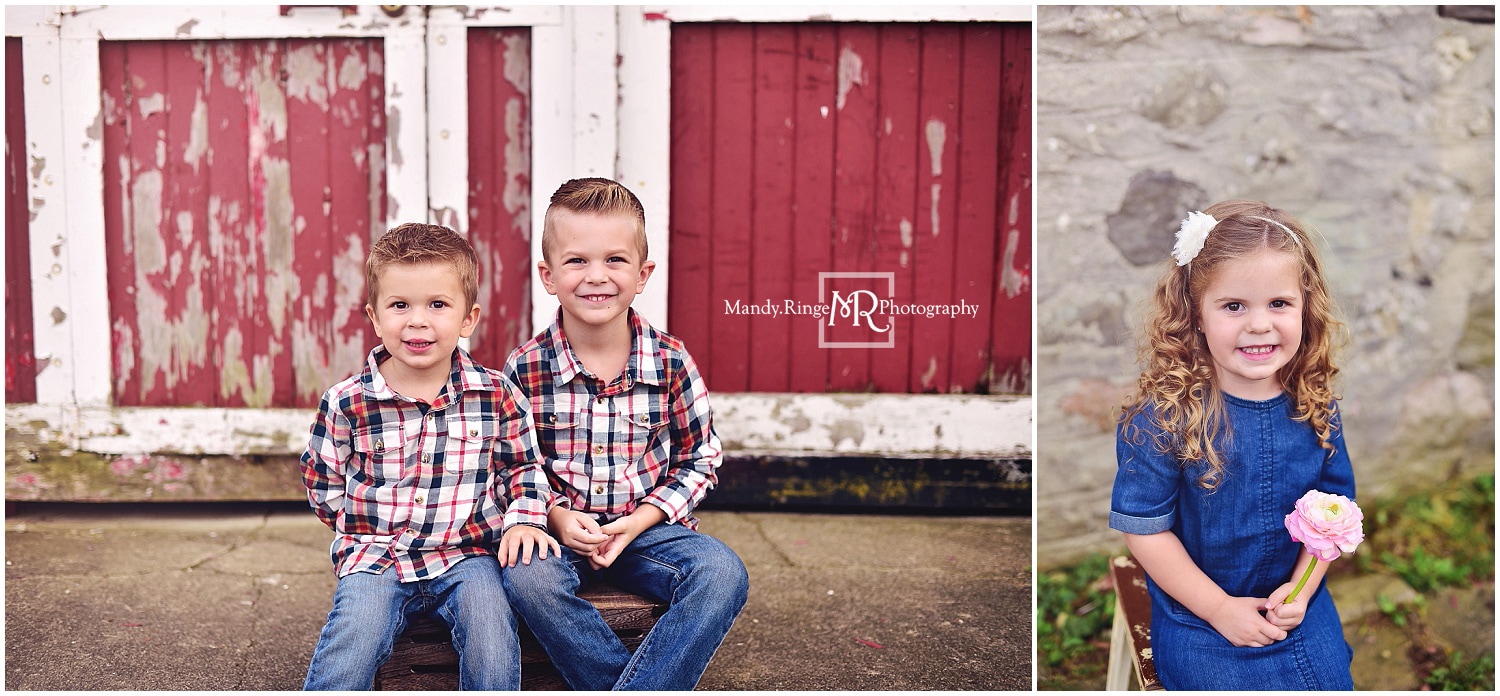 Sibling portraits // rustic, barn, outdoors, plaid, denim, children, kids // Leroy Oakes Forest Preserve - St. Charles, IL // by Mandy Ringe Photography