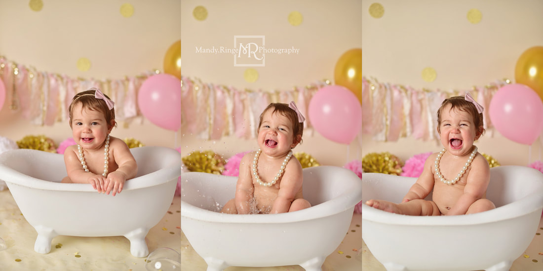 Pink and gold first birthday cake smash portraits // bone seamless, gold glitter dots, rag garland, balloons, poofs, one year old, 1, tutu, white claw foot tub, splash // St. Charles, IL studio // by Mandy Ringe Photography