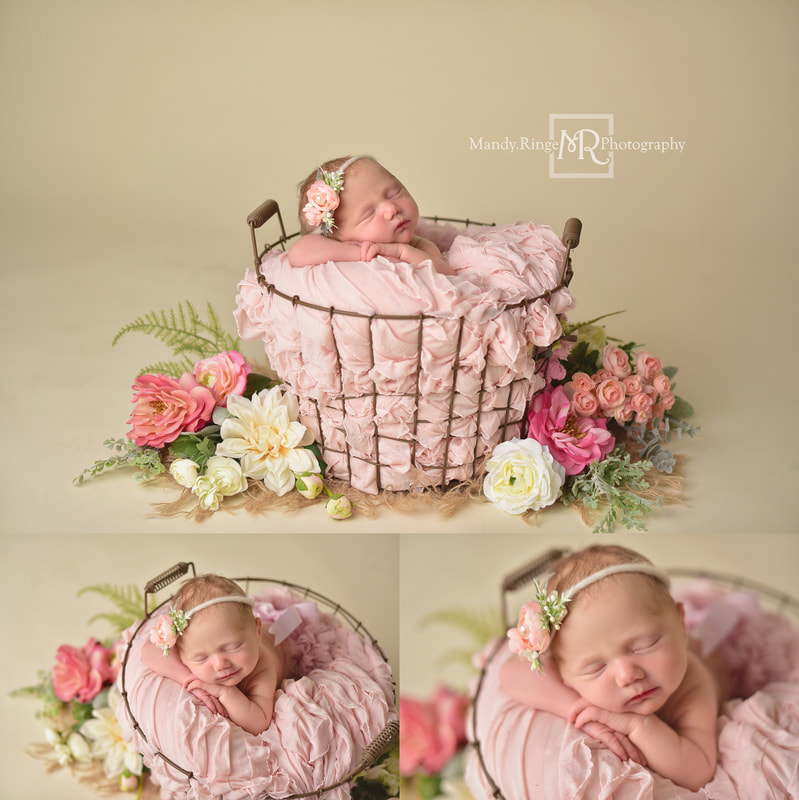 Newborn portraits // Girl, bone seamless, blush pink, egg basket, flowers, burlap, spring // St. Charles, IL studio // by Mandy Ringe Photography