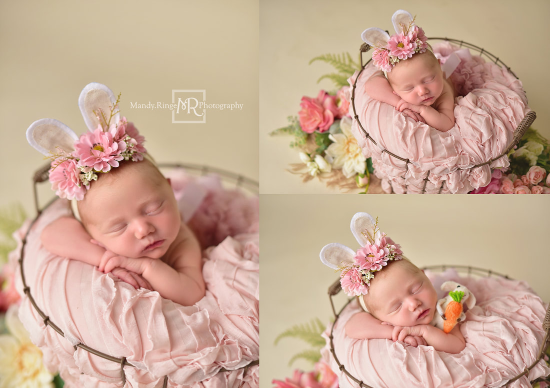 Newborn portraits // Girl, bone seamless, blush pink, egg basket, flowers, burlap, spring, Easter bunny ears // St. Charles, IL studio // by Mandy Ringe Photography