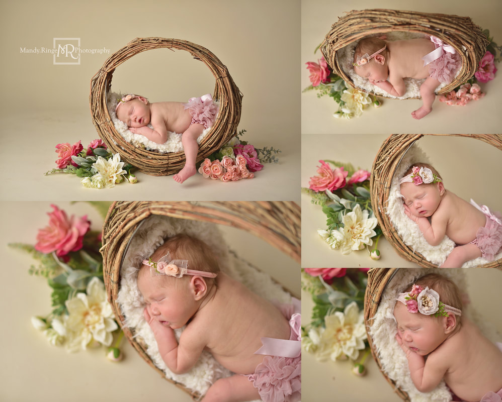 Newborn portraits // Girl, bone seamless, pink, white, willow branch basket, hoop basket, flowers, spring // St. Charles, IL studio // by Mandy Ringe Photography