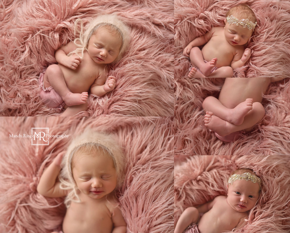 Newborn portraits // Girl, pink fur, faux flokati, angora bonnet // St. Charles, IL studio // by Mandy Ringe Photography