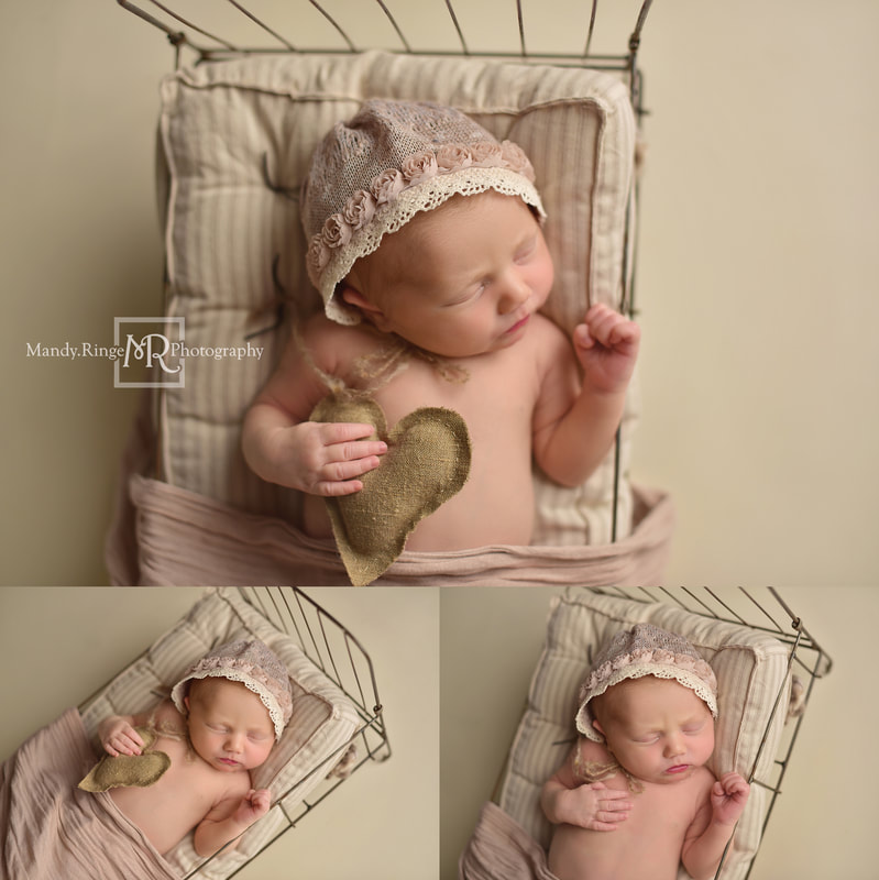 Newborn portraits // Girl, bone seamless, vintage pink, wire bed, burlap heart, flower bonnet // St. Charles, IL studio // by Mandy Ringe Photography