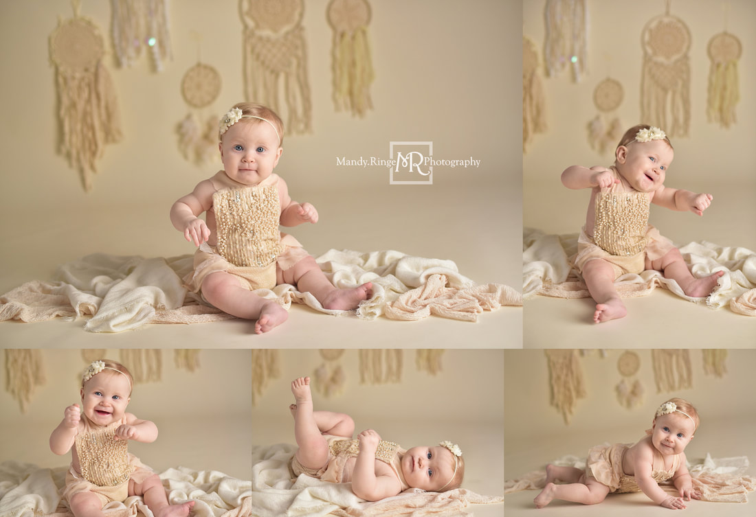 Twin girl sitter session // neutral colors, cream, ivory, bone, boho, elegant, chic, dreamcatchers, simple, identical, milestone, 8 months old // St. Charles, IL studio // by Mandy Ringe Photography