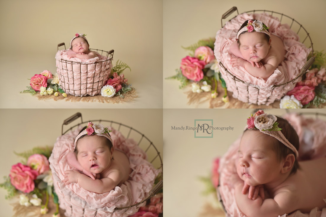 Newborn baby girl // Pink, cream, ivory, blush, floral, flowers, wire basket, burlap, bone seamless // St. Charles, IL studio // by Mandy Ringe Photography