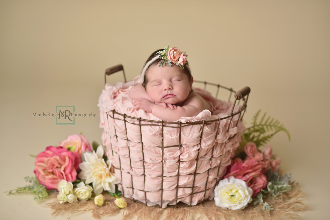 Newborn baby girl // Pink, cream, ivory, blush, floral, flowers, wire basket, burlap, bone seamless // St. Charles, IL studio // by Mandy Ringe Photography