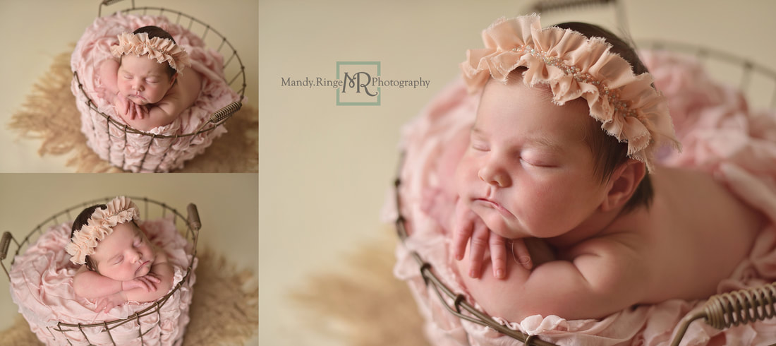 Newborn baby girl // Pink, cream, ivory, blush, wire basket, burlap, bone seamless, Dainty Miss headband // St. Charles, IL studio // by Mandy Ringe Photography