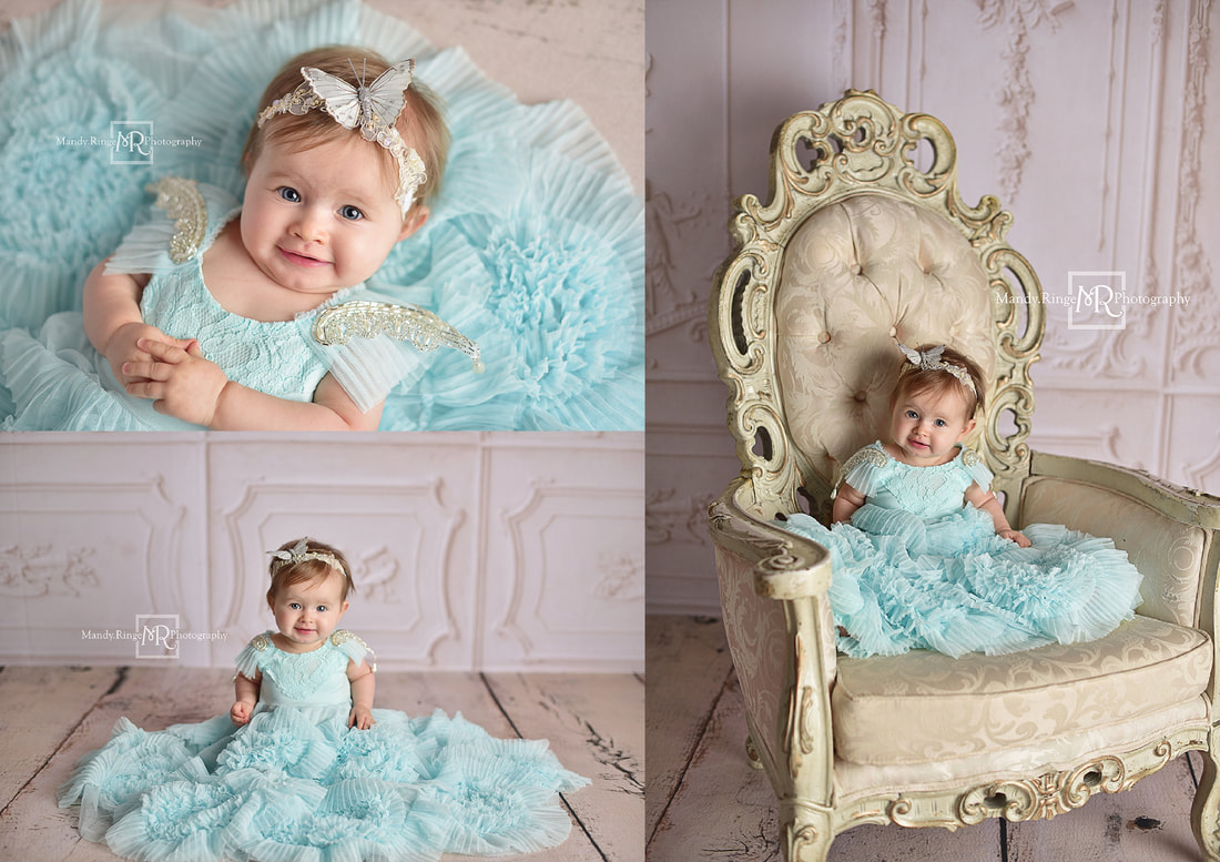 Milestone portraits // 9 month old girl, Lead the Way Frock from Dollcake, blue, teal, butterfly headband, fancy vintage chair, Baby Dream Backdrops // St. Charles, IL studio // Mandy Ringe Photography