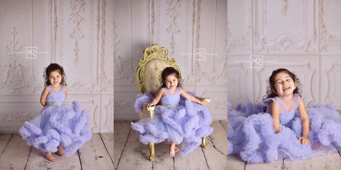 Milestone portraits // 4 year old girl, purple ruffle dress, fancy vintage chair, Baby Dream Backdrops // St. Charles, IL studio // Mandy Ringe Photography