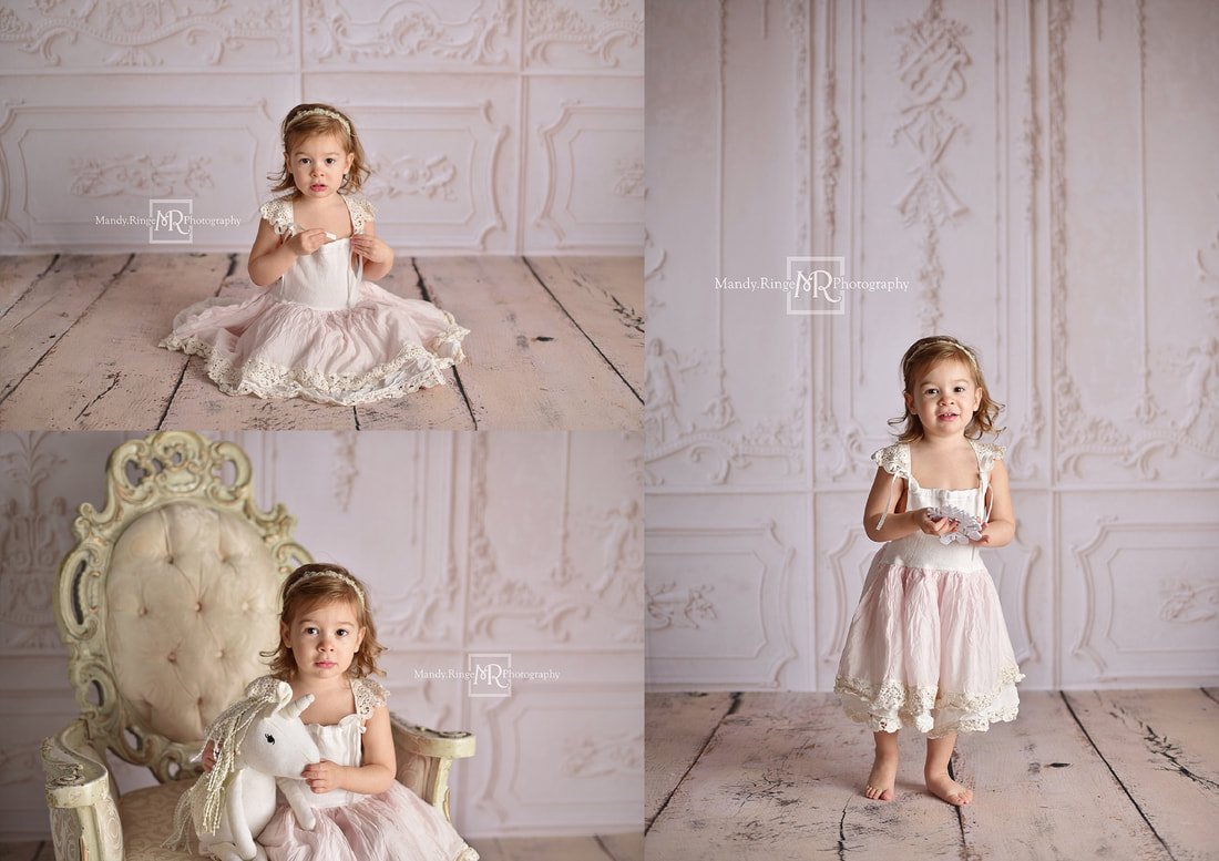 Milestone portraits // 4 year old girl, Moody Blues Frock from Dollcake, blue, teal, fancy vintage chair, Baby Dream Backdrops // St. Charles, IL studio // Mandy Ringe Photography