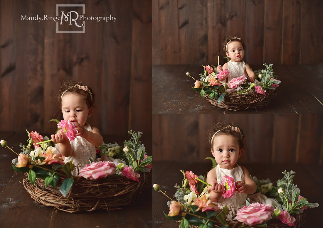 Baby girl first birthday portraits // milestone portraits, floral wreath, pink flowers, dark wood backdrop // by Mandy Ringe Photography // St. Charles, IL Photographer