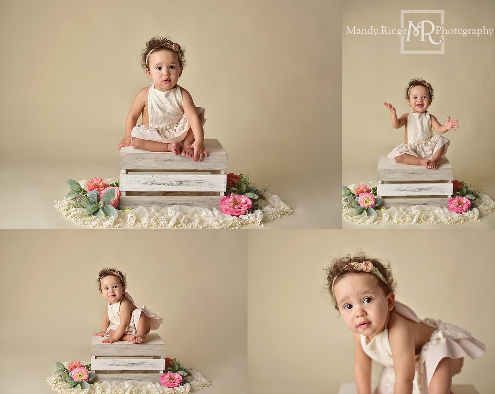 Baby girl first birthday portraits // milestone portraits, crate, floral, flowers, lace, ivory, bone seamless backdrop // by Mandy Ringe Photography // St. Charles, IL Photographer