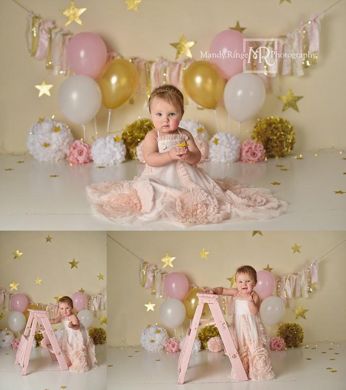 Baby girl first birthday portraits // one year old, balloons, stars, pink, gold, white, ivory, bone seamless paper, poofs, puffs, fabric garland, Dollcake Beautiful Mess Frock // by Mandy Ringe Photography // St. Charles, IL Photographer