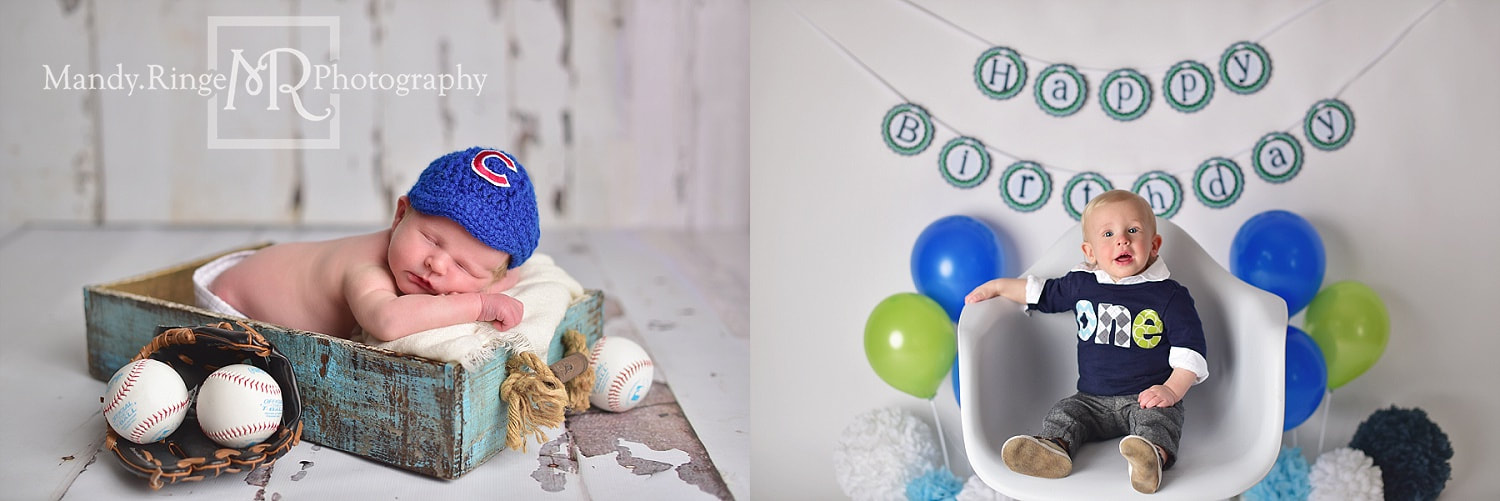 Baby boy first birthday portraits // one year old milestone, comparison photo, blue, green, white, navy, balloons // by Mandy Ringe Photography // St. Charles, IL Photographer