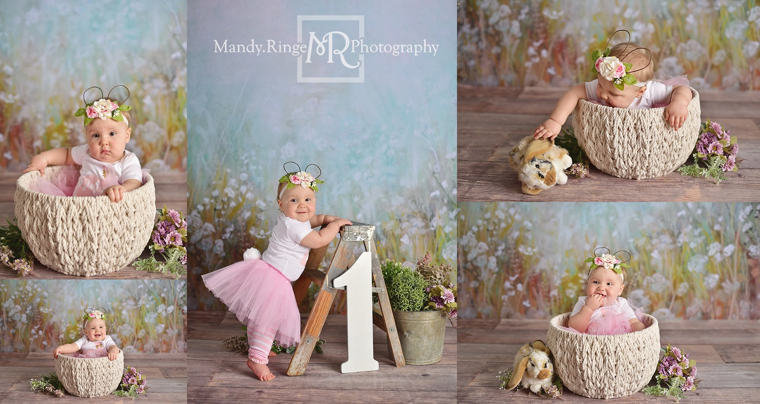 Baby girl first birthday portraits // spring, bunnies, rabbit, one year old, Intuitions Backdrops // by Mandy Ringe Photography // St. Charles, IL Photographer