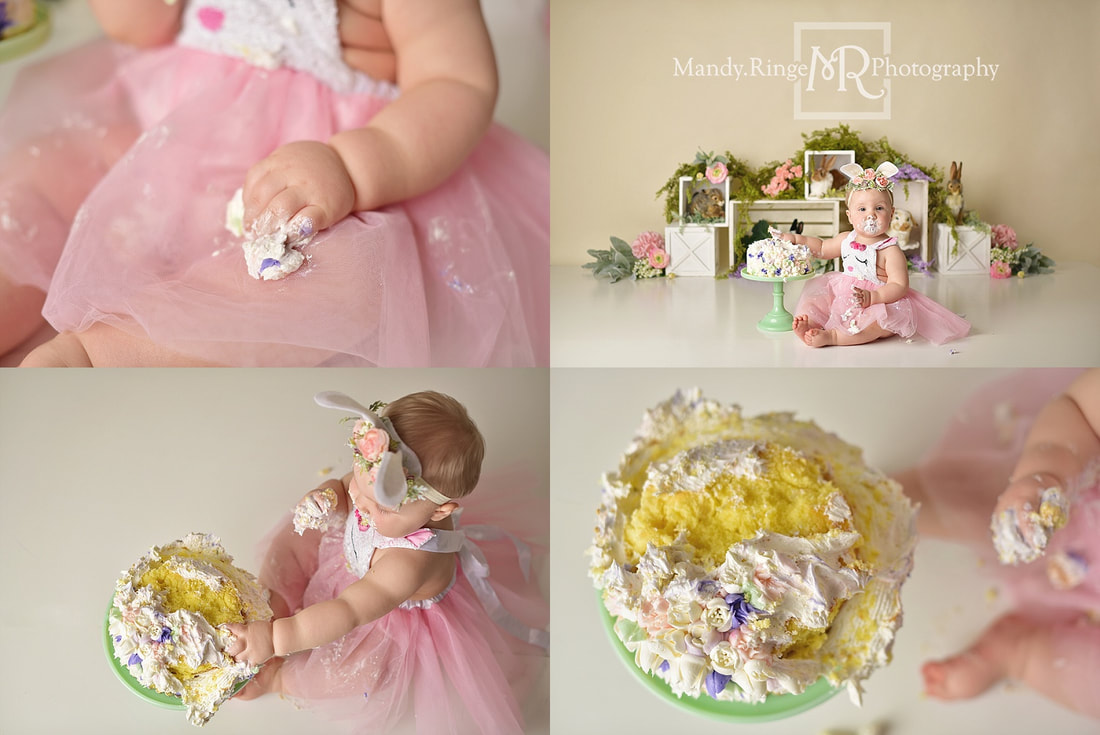Baby girl first birthday and cake smash portraits // spring, bunnies, rabbit, one year old, flowers, floral // by Mandy Ringe Photography // St. Charles, IL Photographer
