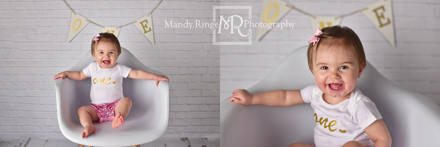 Baby girl first birthday portraits // Milestone, white brick, one year old, roses, flowers // by Mandy Ringe Photography // St. Charles, IL Photographer