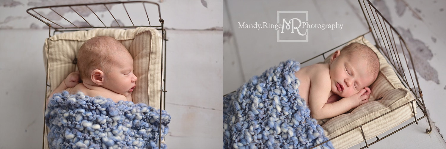 Newborn boy portraits // rustic, gray, blue, white, wire bed // by Mandy Ringe Photography // St. Charles, IL Photographer
