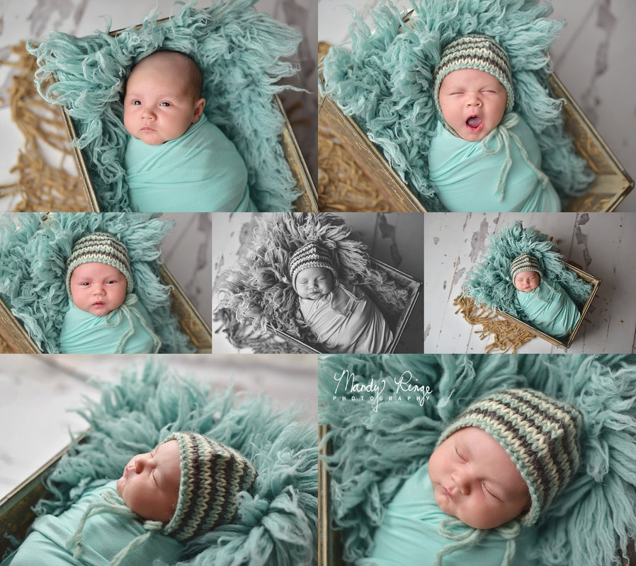 Newborn portrait session // Baby boy, vintage crate, aqua, gray, flokati // St. Charles, IL Photographer // by Mandy Ringe Photography