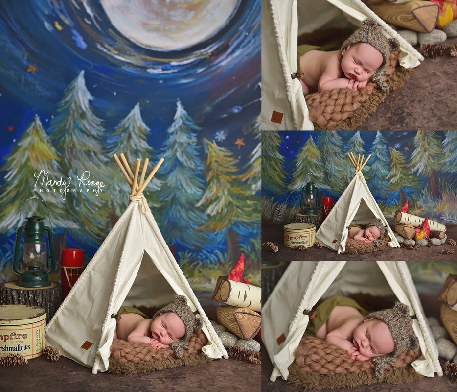 Newborn portrait session // Baby boy, camping, teepee, campfire, bear bonnet, intuition backdrops 