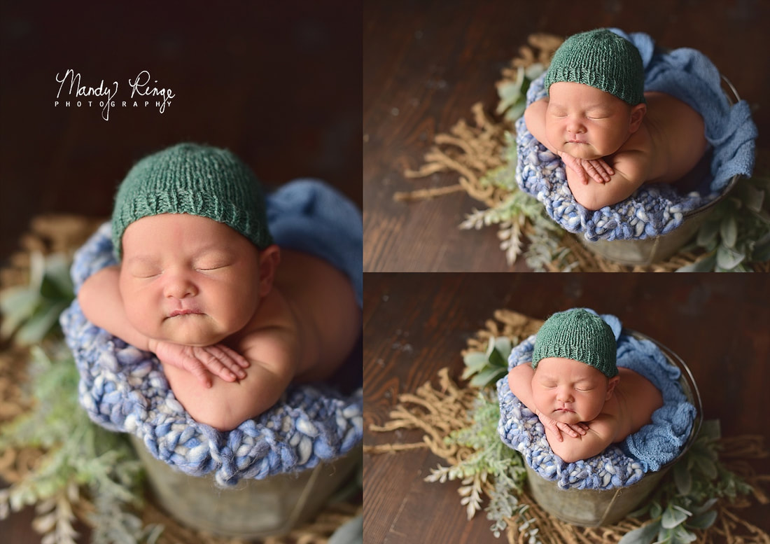 Baby boy newborn portraits // studio, blue and green, bucket pose burlap, dark brown wood // St. Charles, IL // by Mandy Ringe Photography