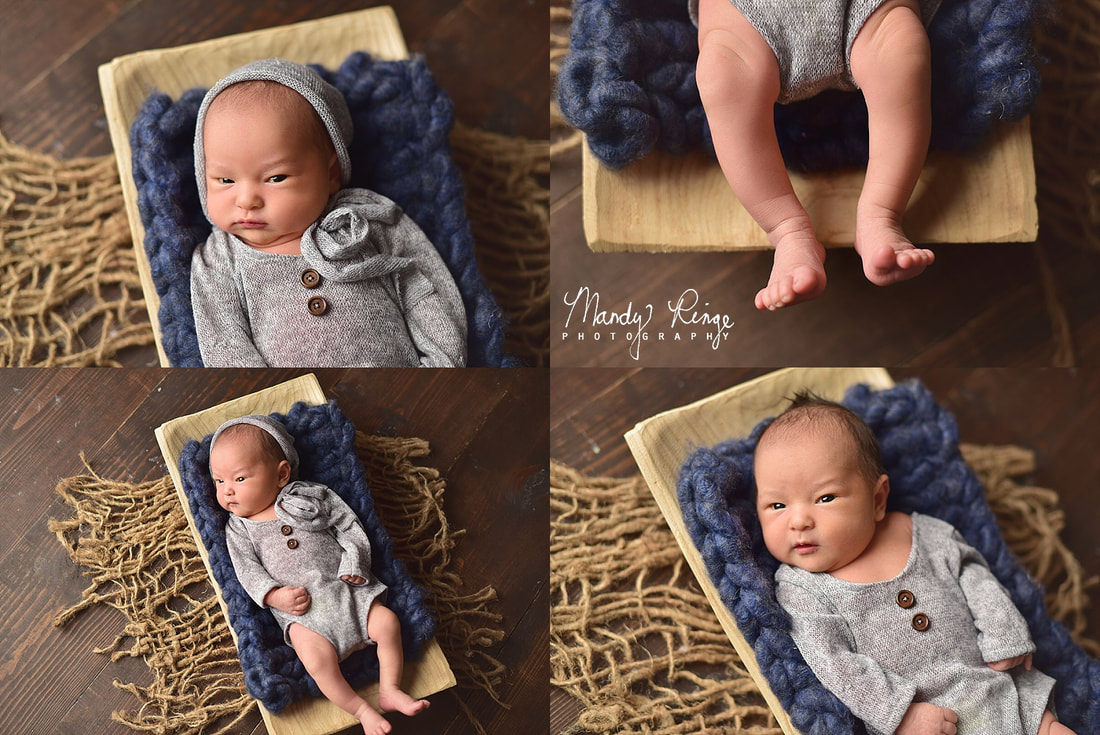 Baby boy newborn portraits // studio, blue and gray, jute twine, rectangle bowl, dark brown wood // St. Charles, IL // by Mandy Ringe Photography