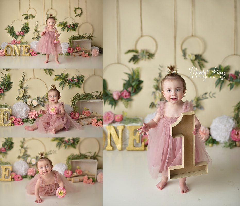 Girl first birthday portraits // floral hoops, boho, flowers, pink and gold // St. Charles, IL // by Mandy Ringe Photography