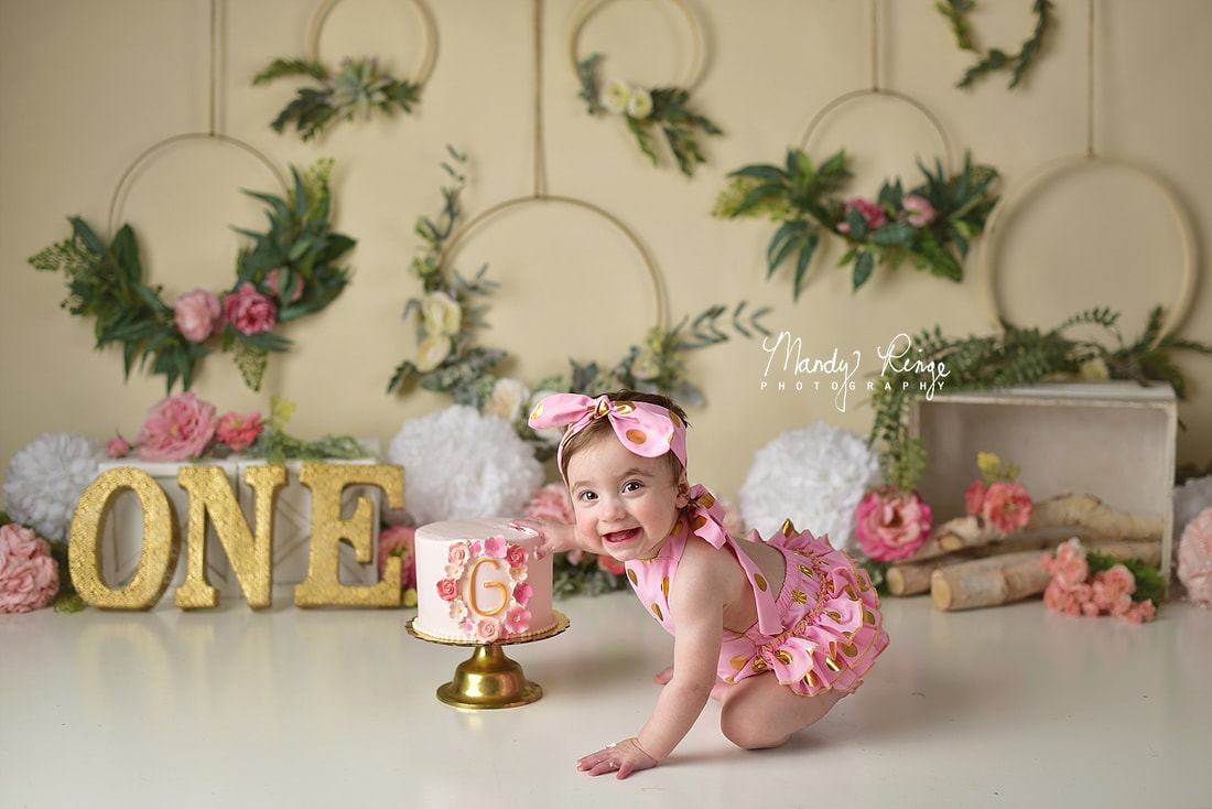 Girl first birthday portraits // one year old, cake smash, floral hoops, boho, flowers, pink and gold // St. Charles, IL // by Mandy Ringe Photography