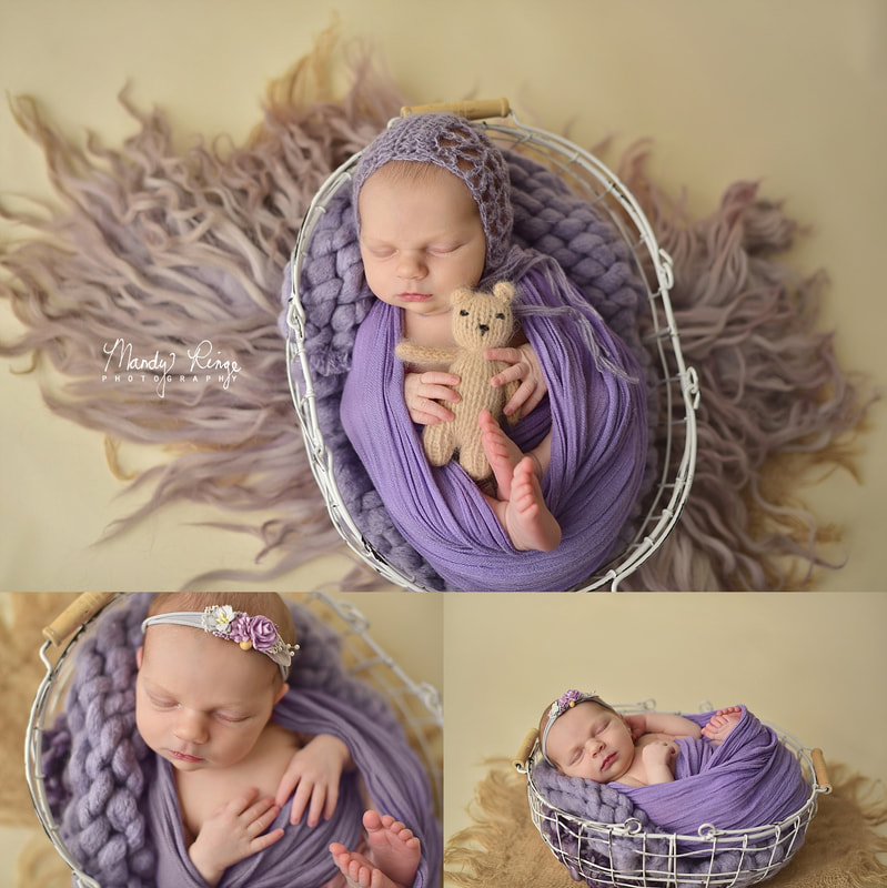 Girl newborn portrait session // pink and purple, floral, flowers // St. Charles, IL // by Mandy Ringe Photography