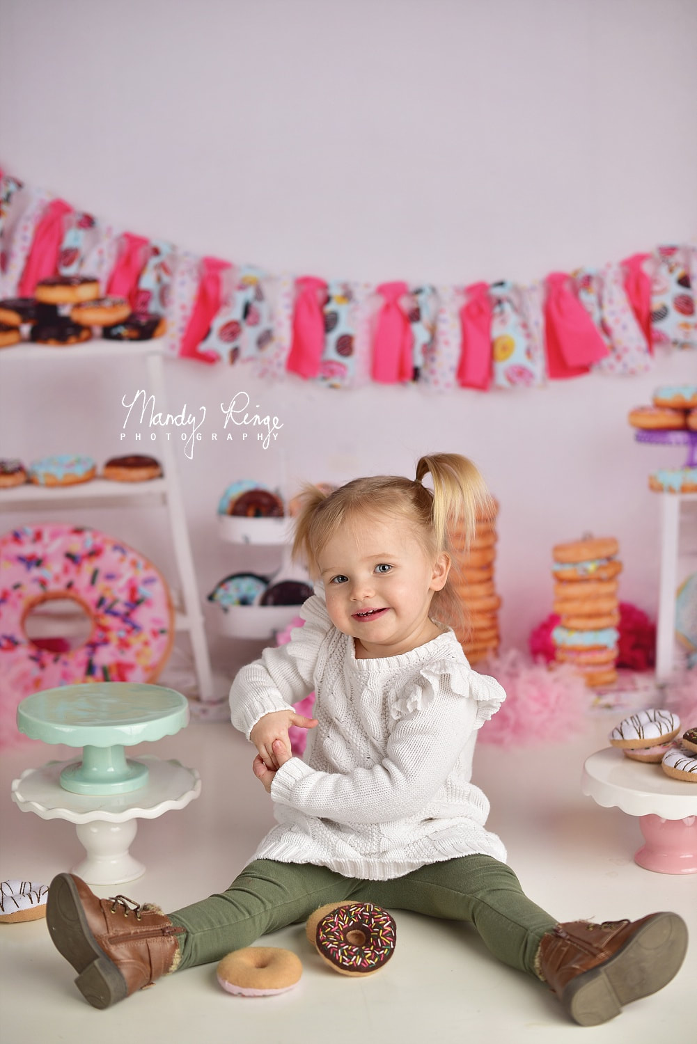 2nd Birthday Milestone Portraits // two, second birthday, donuts, donut grow up, sweets, pink and white // St. Charles, IL Photographer // by Mandy Ringe Photography