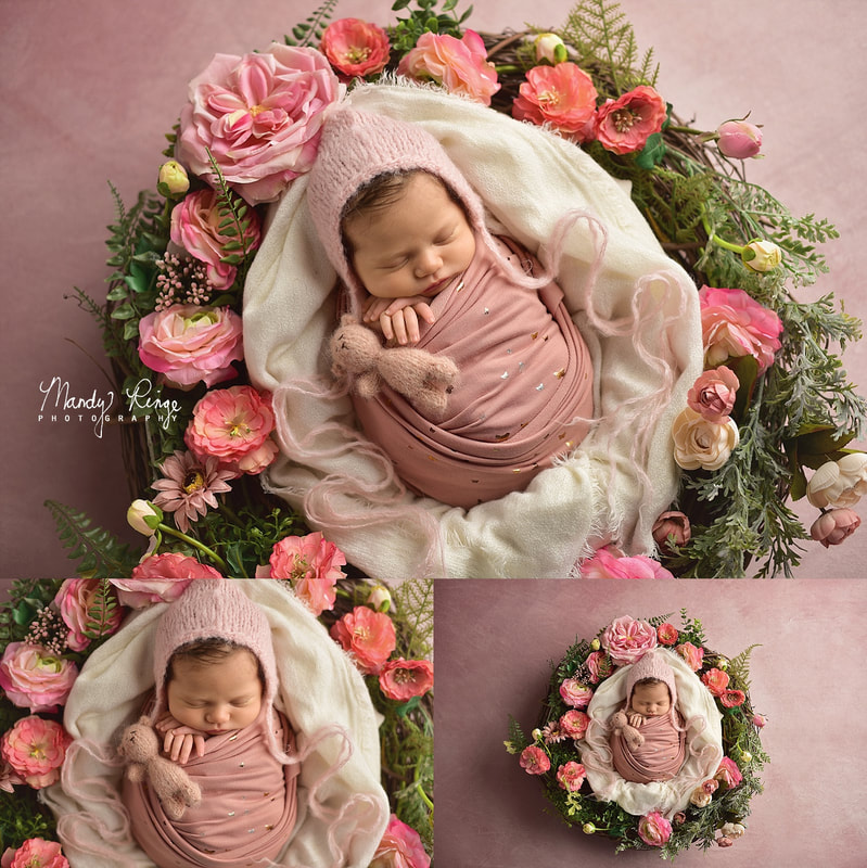 Newborn girl portraits // Rustic greenery, pink flowers, wreath, dusty pink, rose, wrapped // Sycamore, IL Studio // Mandy Ringe Photography