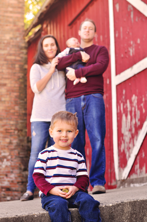 Fall family portraits // outdoors, red and white barn, brick, maroon, gray, navy // Leroy Oakes Forest Preserve - St. Charles, IL // by Mandy Ringe Photography