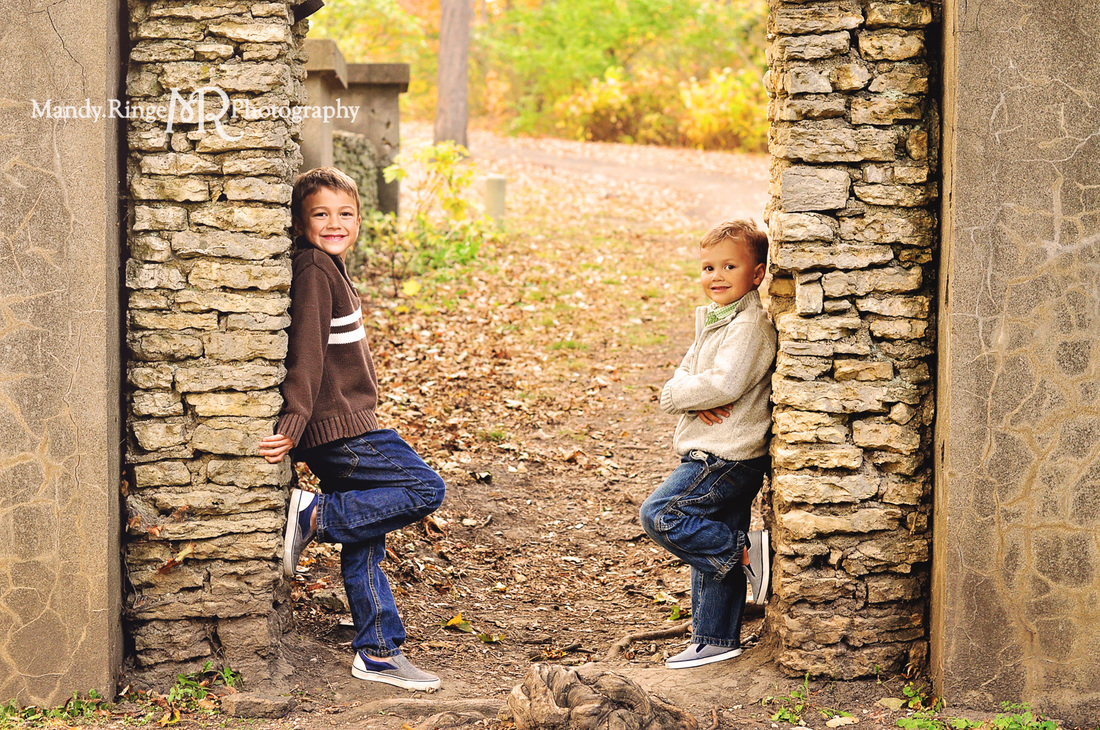 Sibling portraits // brothers, stone arch, fall foliage // Fabyan Forest Preserve - Geneva, IL // by Mandy Ringe Photography