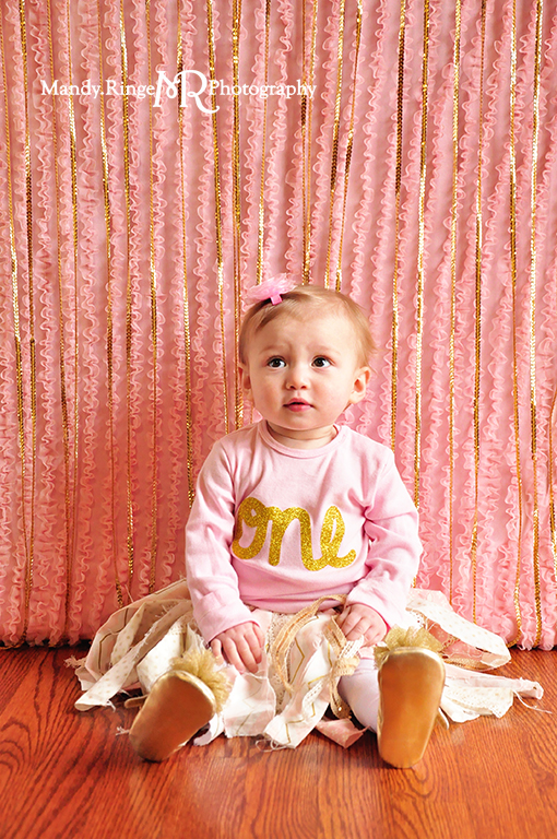 Baby girl's first birthday portraits // Pink and gold // Pink ruffle background, gold sequins, fabric strip skirt, glitter // by Mandy Ringe Photography